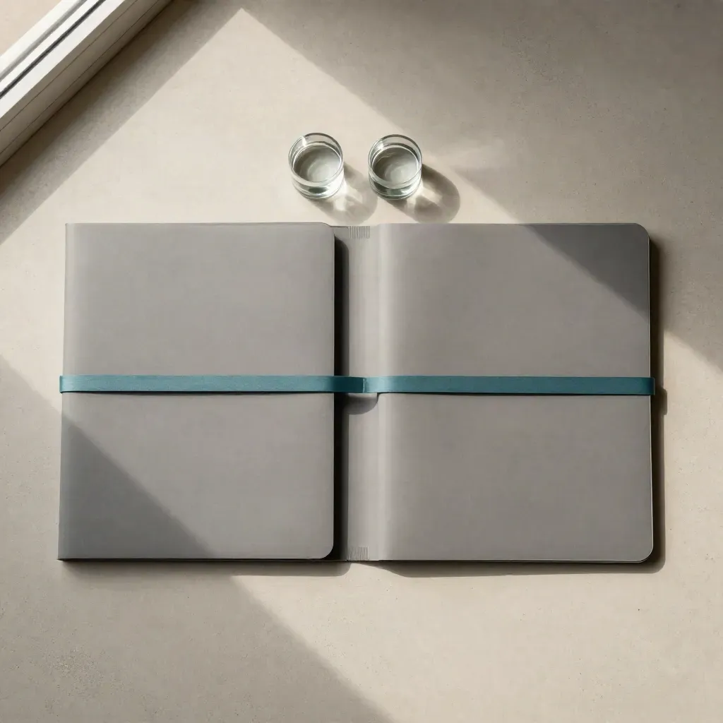 Twee mappen met glazen paperweights en teal band op betonnen vlak, van boven gefotografeerd