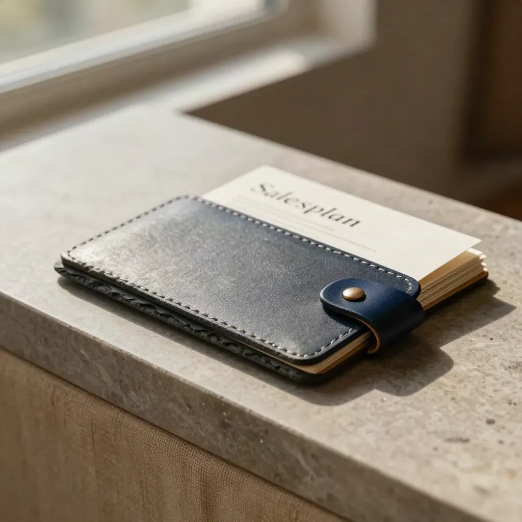 Compacte saleskaartenset met leisteenblok en leren band op een lichte stenen rand.
