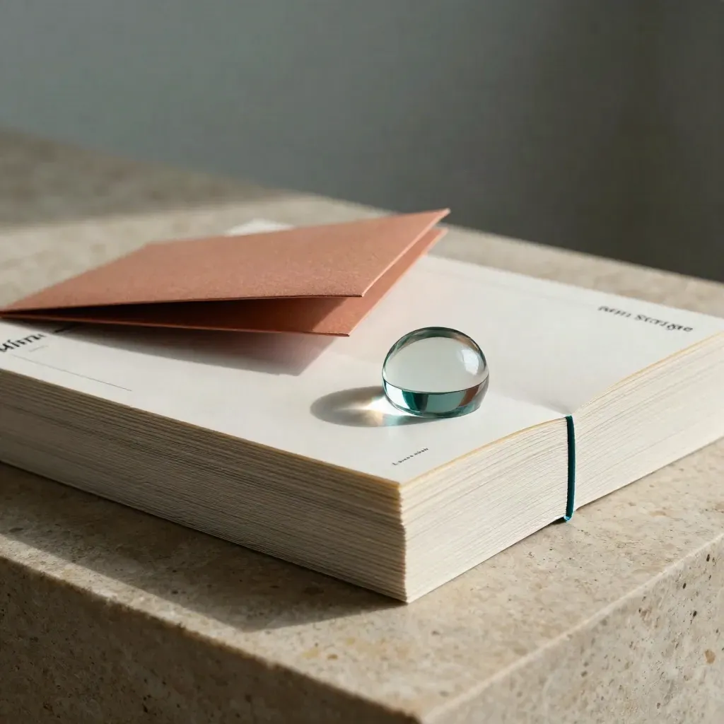 Close-up van plankaarten, afgeronde envelop en glazen gewicht met teal glans.