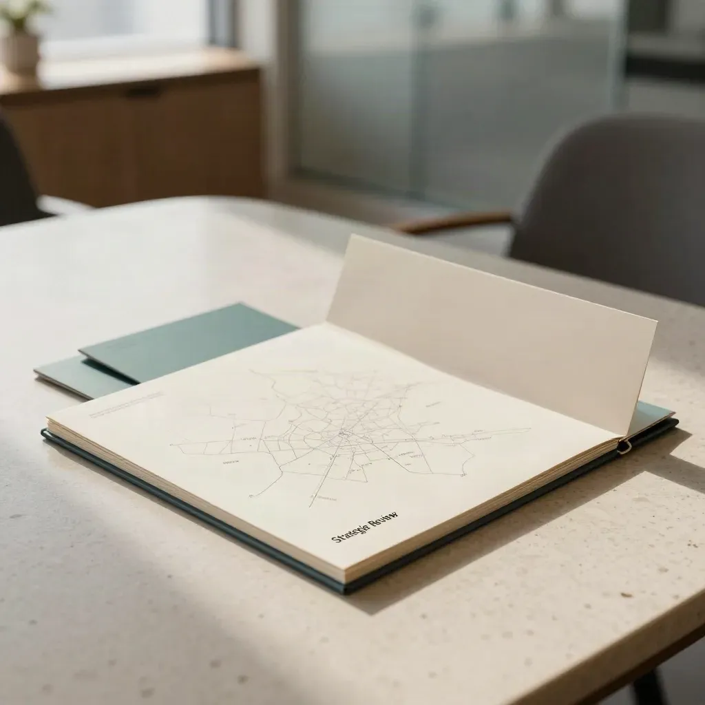 Off-white strategie-map met teal tabs op travertin, zacht verlicht in een moderne vergaderlounge.