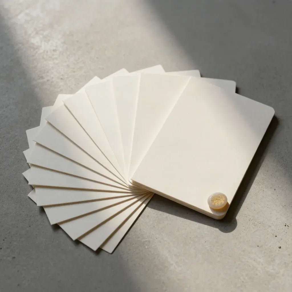 Besliskaartenset met blanco kaarten, papieren band en steenchip op licht beton.